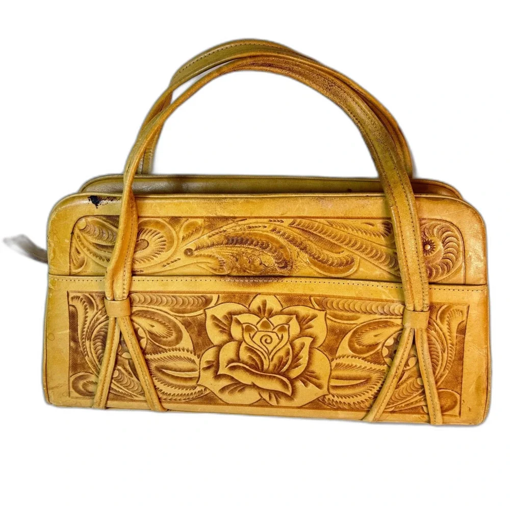 Mexican Tan Leather Rose Detail Tooled Vintage 50-60s Satchel Handbag
